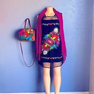 Mexican Floral Embroidered Modern Black Dress